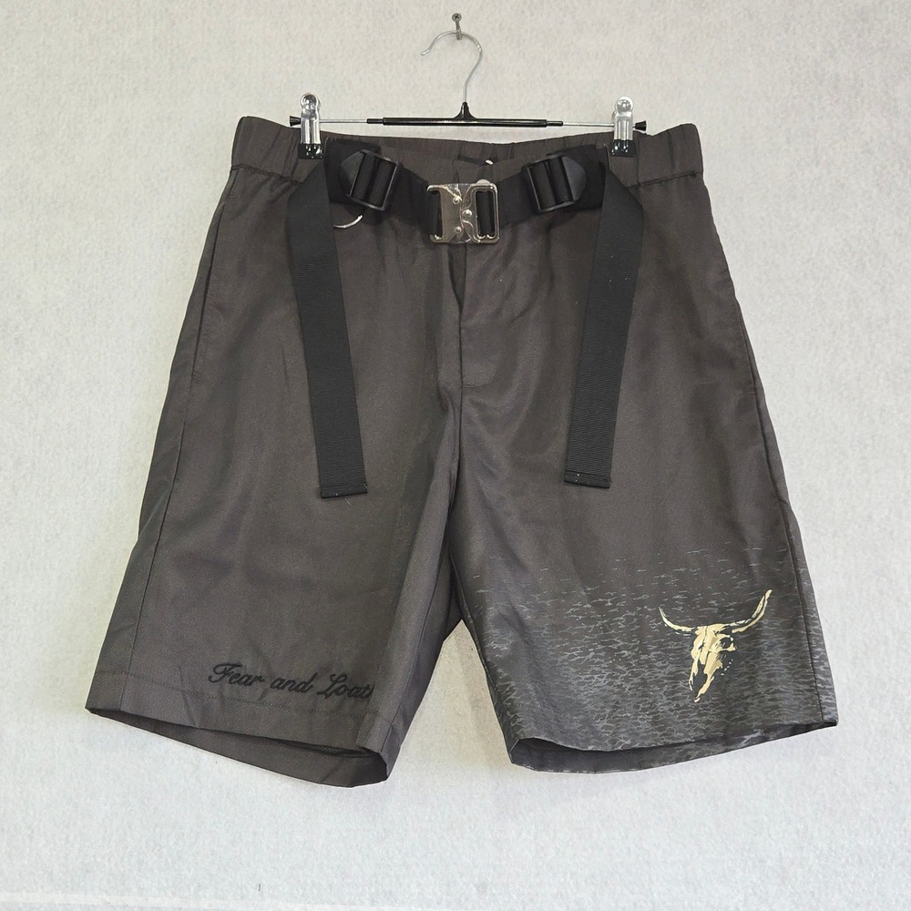 Fear and Loathe F+L Mens Nylon cargo Shorts Grey Graphic Tactical Buckle Belt S